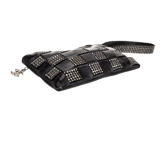 RARE CHANEL Leather Woven Strass Black Checkered Clutch Wristlet Vintage Evening - Picture 13 of 13